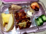 Chicken drumstick, banana egg pancakes, yogurt, cucumber and fruits (10/10)